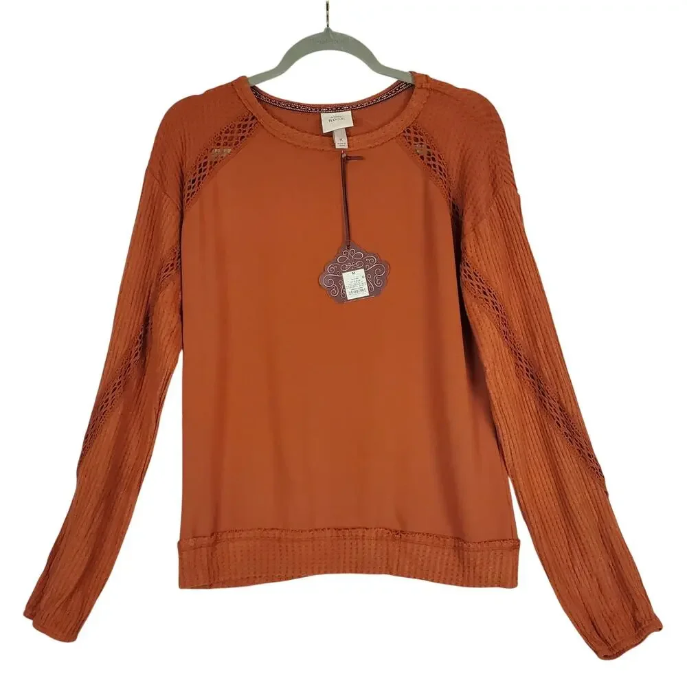 Knox Rose Lace Waffle Knit Thermal Top M Burnt Orange Sweater Earthy Neutral NWT
